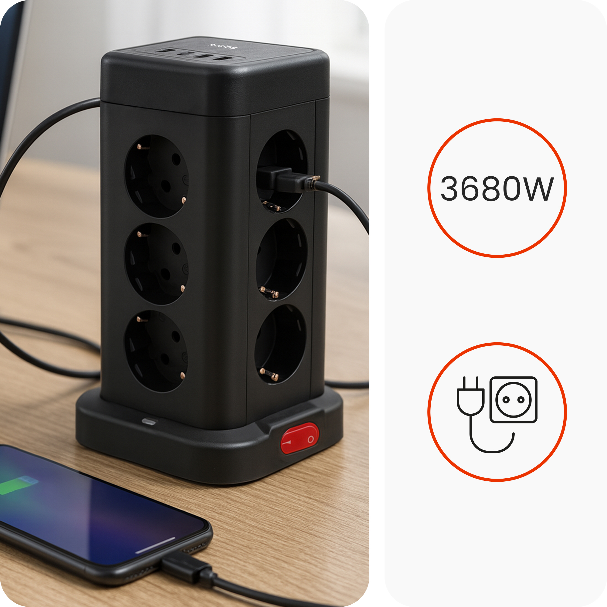 Czarna wieża z gniazdami i portami USB, ładuje iPhone. 3680W.