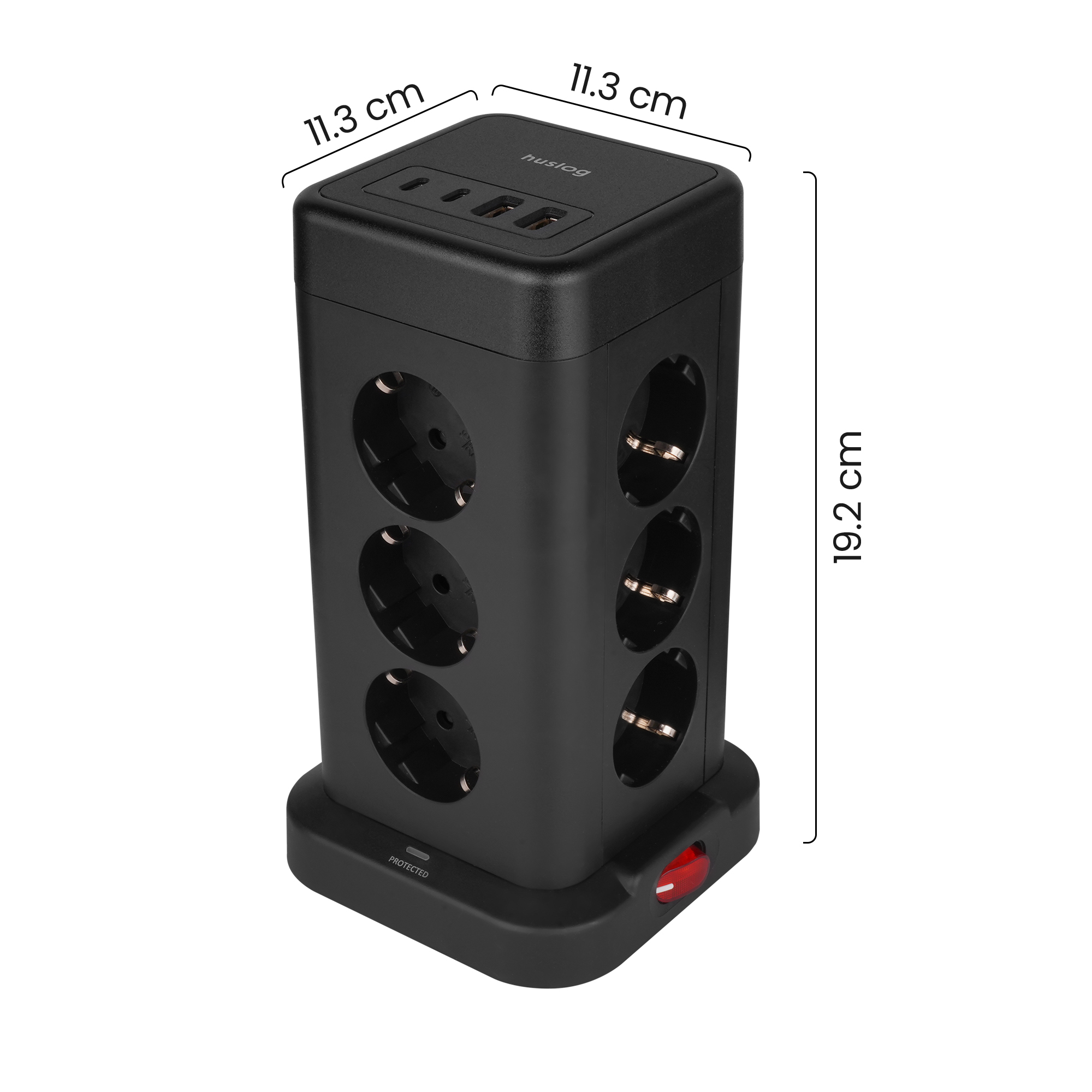 Czarna wieża zasilająca z 6 gniazdami, 2 portami USB. Wymiary 11.3x11.3x19.2cm.