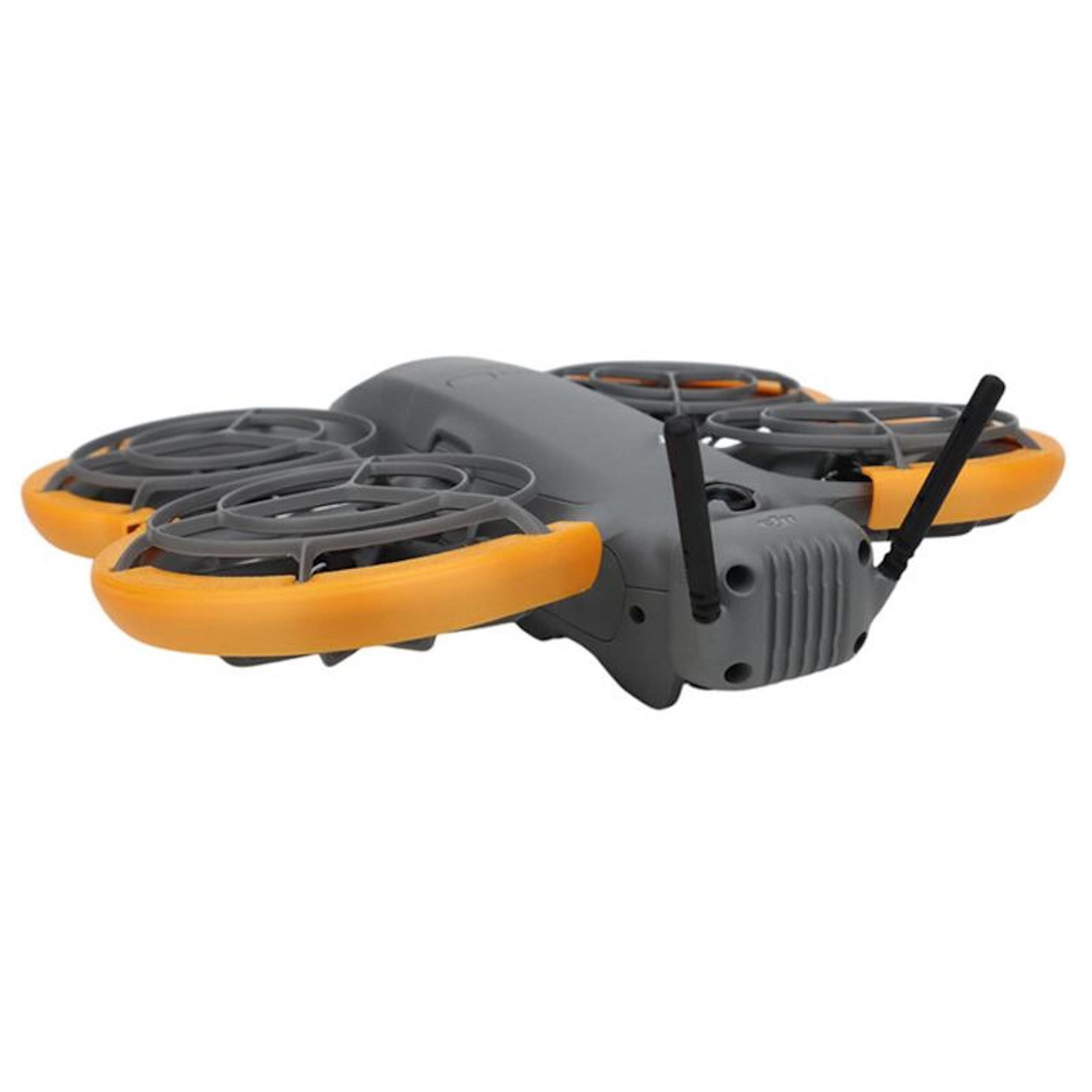 Grauer Mini-Drohne mit orangen Propellerschützern und Antennen.