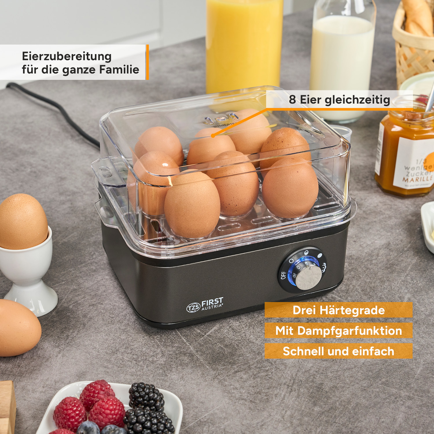 Eierkocher für 8 Eier mit Dampfgarfunktion und 3 Härtegraden.