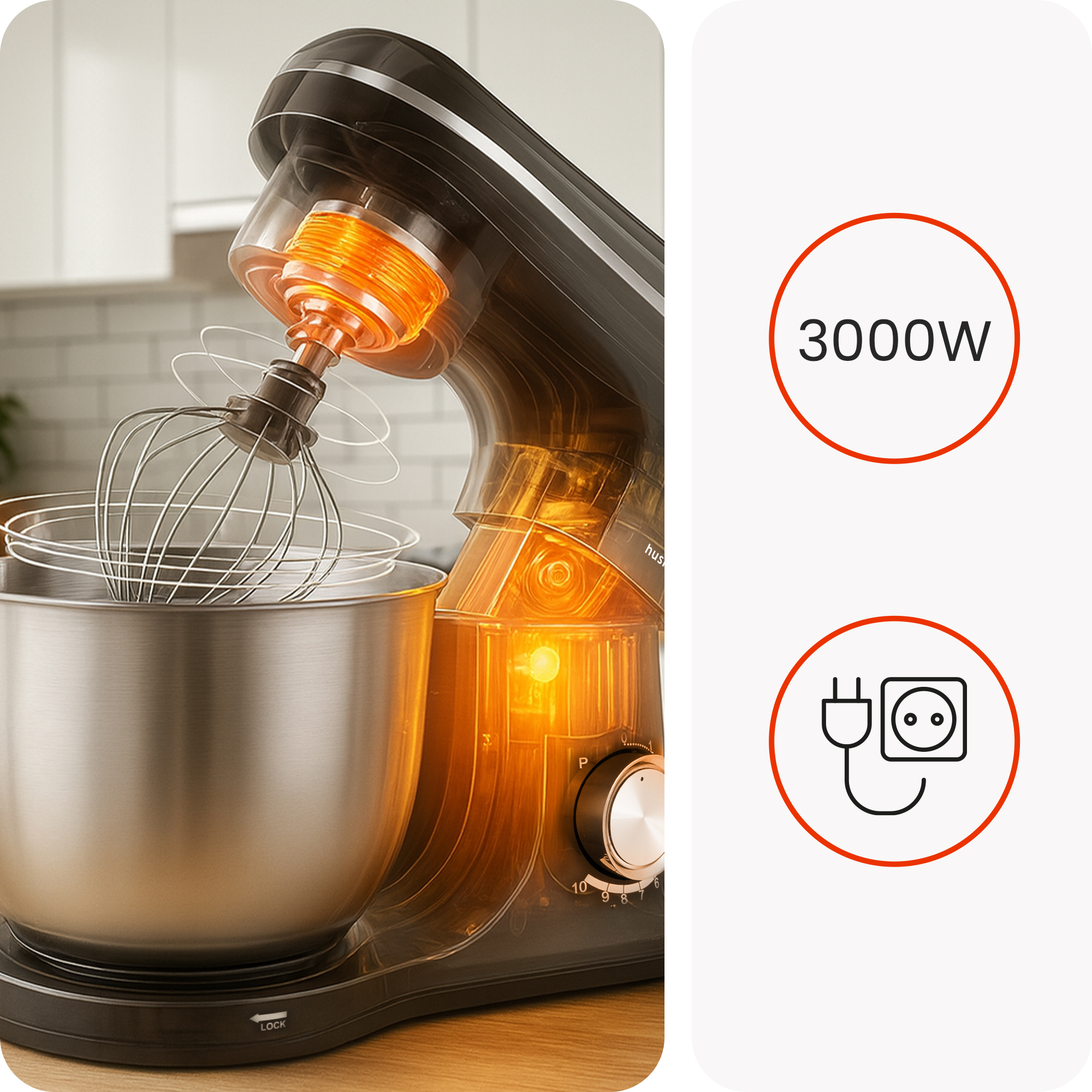 Czarny mikser stojący z trzepaczką w metalowej misie, pokazuje moc 3000W i ikonę wtyczki.