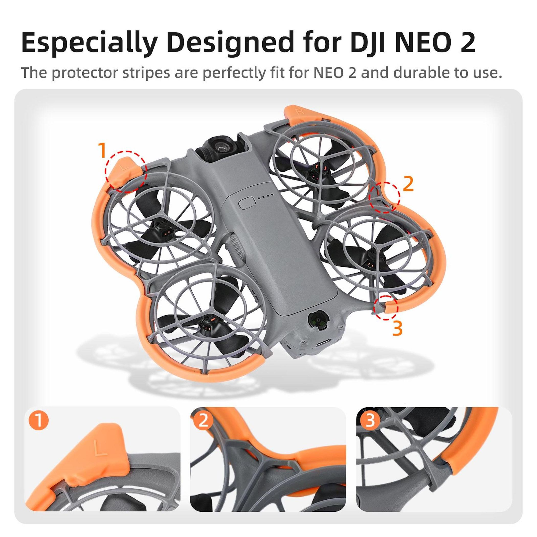 Graues DJI NEO 2 Drohnenmodell mit orangen Propellerschutzvorrichtungen.