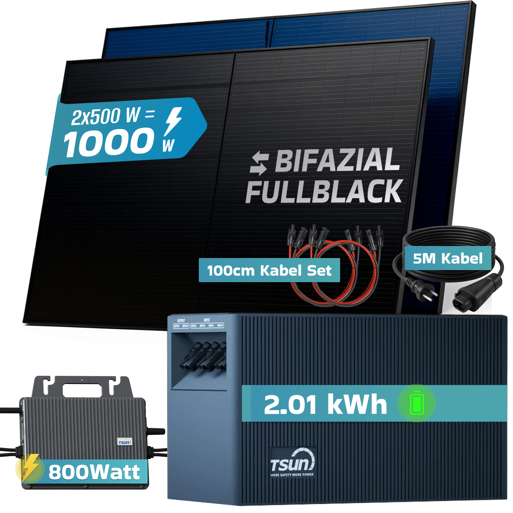Solarmodule, Wechselrichter, Batterie und Kabel. 1000W, 800W, 2.01kWh.