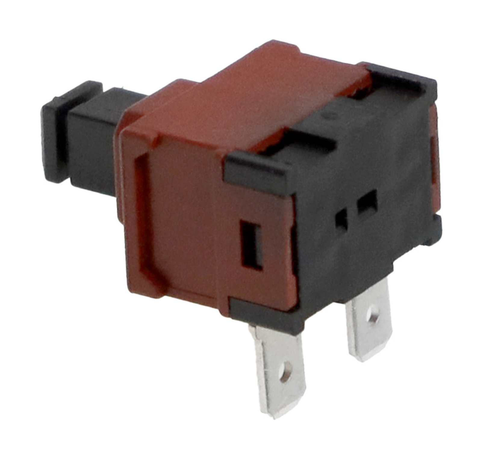 Ein braun-schwarzer elektronischer Schalter mit zwei Metallstiften auf weißem Grund.