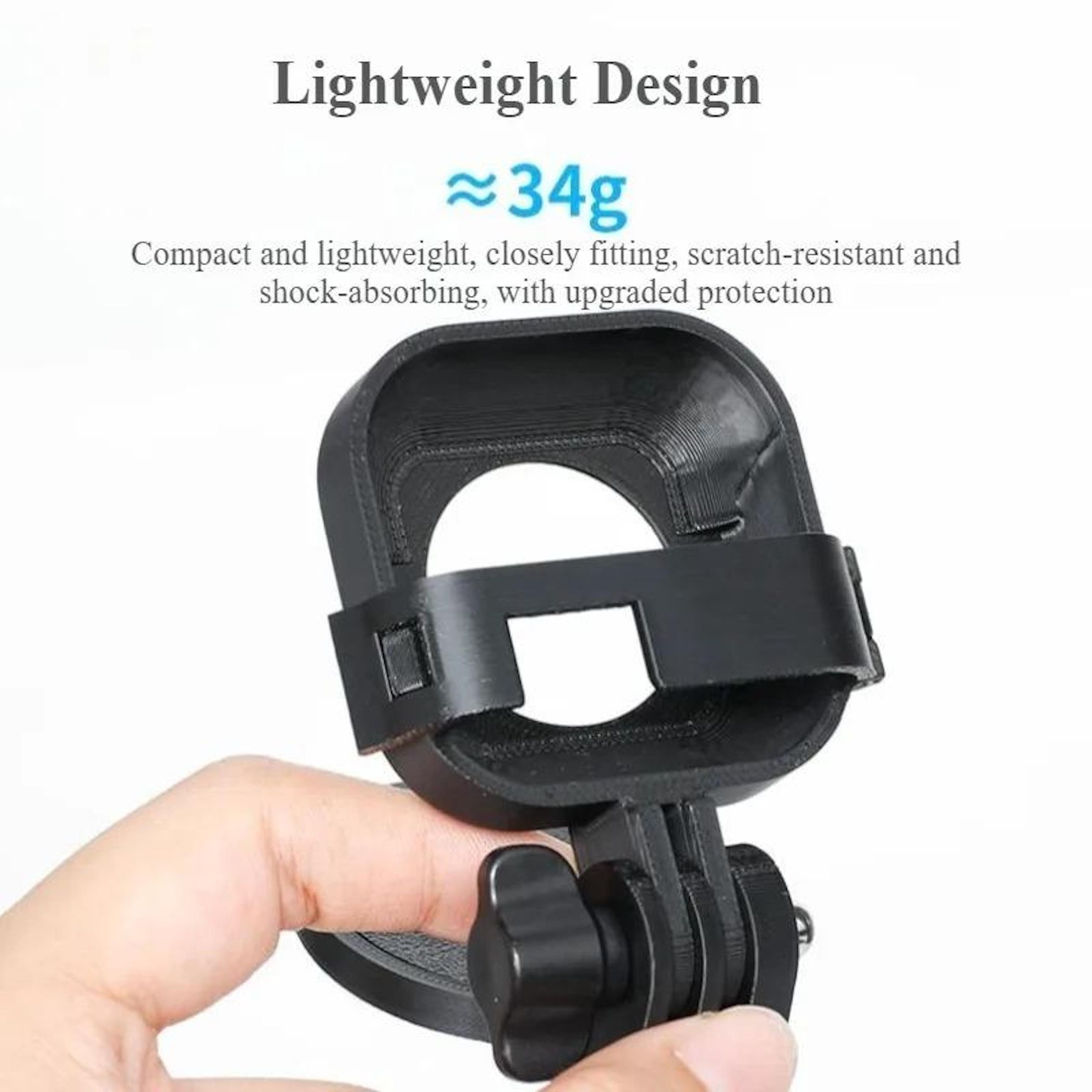 Ein schwarzer Halter, der von einer Hand gehalten wird. Er wiegt etwa 34 g.