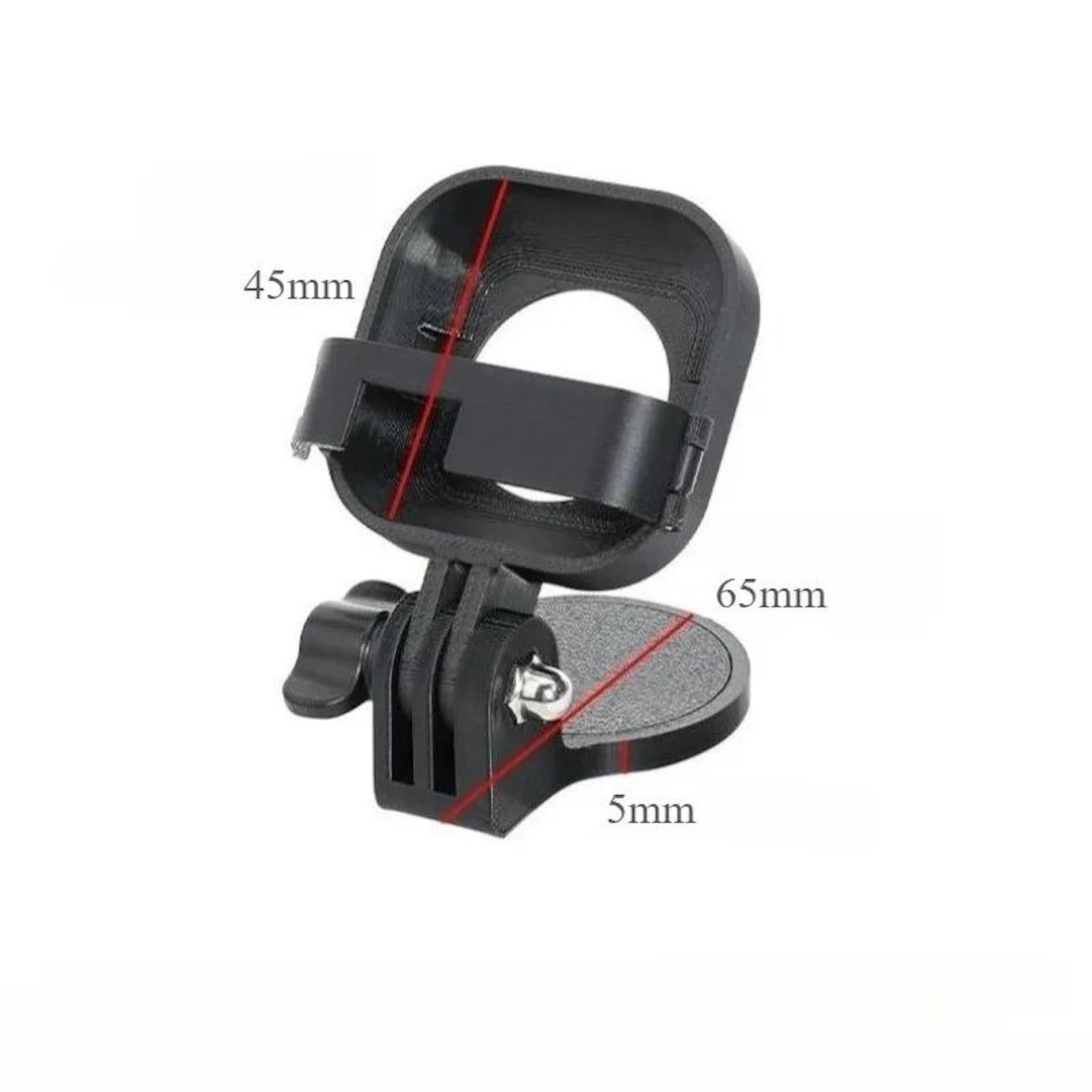 Schwarzer Kamerahalter mit Maßen 45mm, 65mm und 5mm.