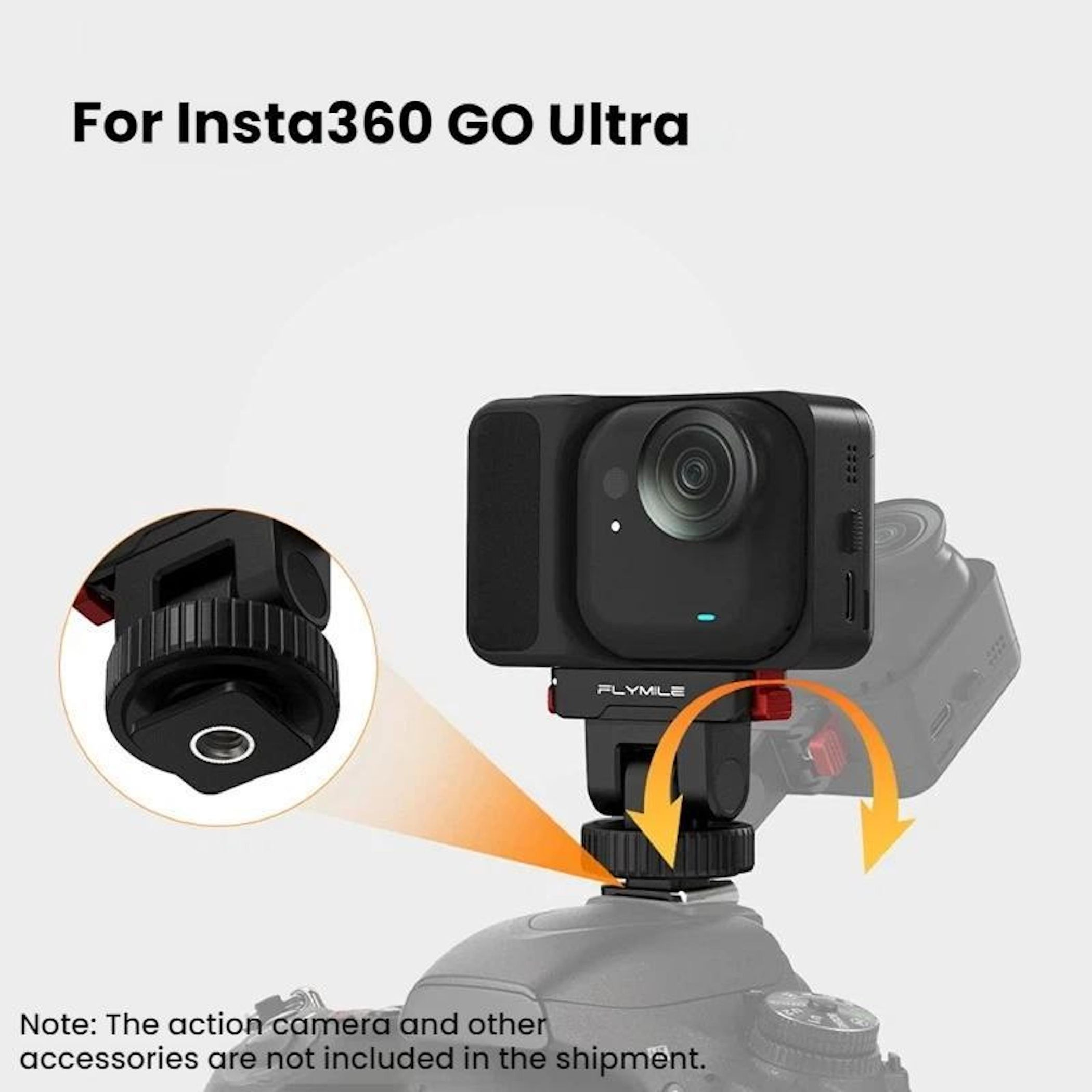 Ein schwarzer Action-Kamera-Adapter für Insta360 GO Ultra auf einem Kameragehäuse.