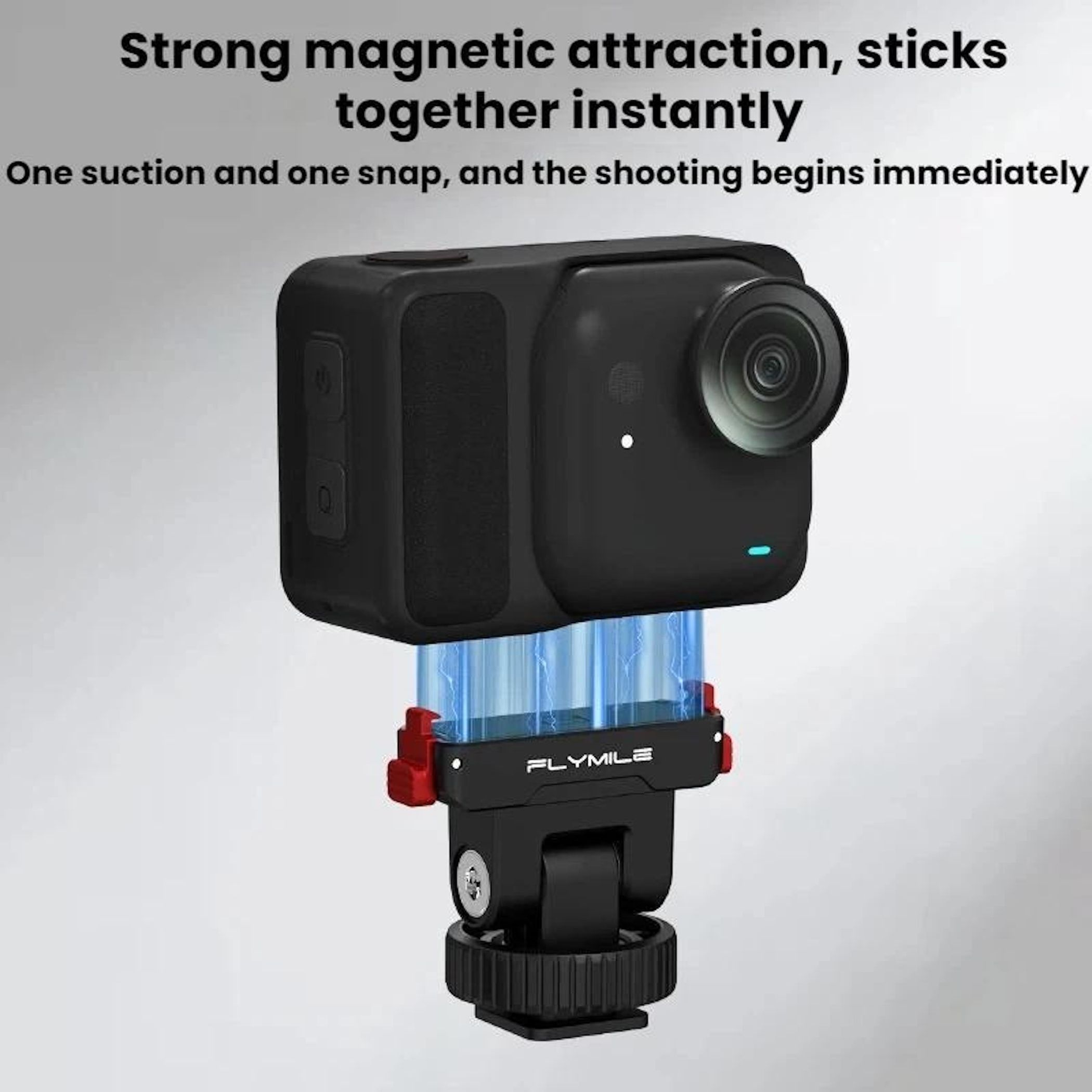 Ein schwarzer Action-Kamera-Halter mit blauen magnetischen Verbindungen.