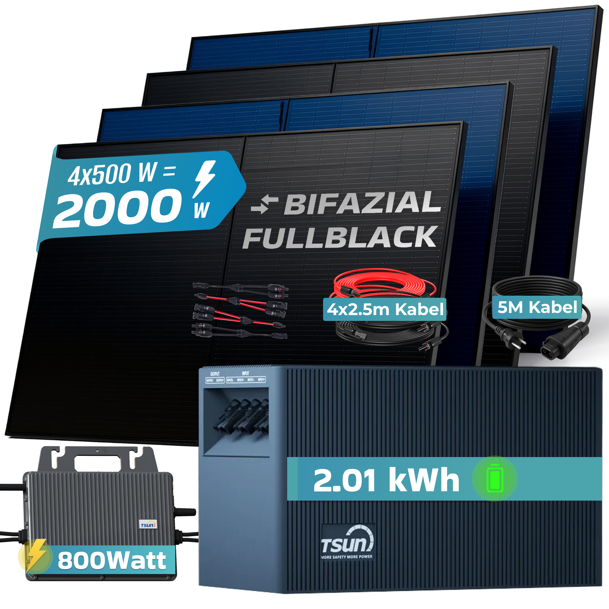 Solaranlage mit Wechselrichter, Batterie und Kabeln. 4x500W Solarmodule.