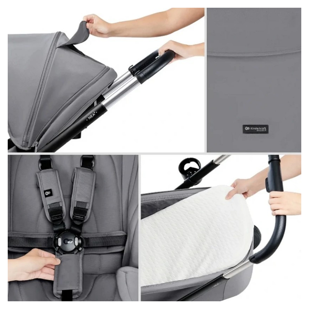 Grauer Kinderwagen mit Ansichten von Verdeck, Griff, Gurten und Einsatz.