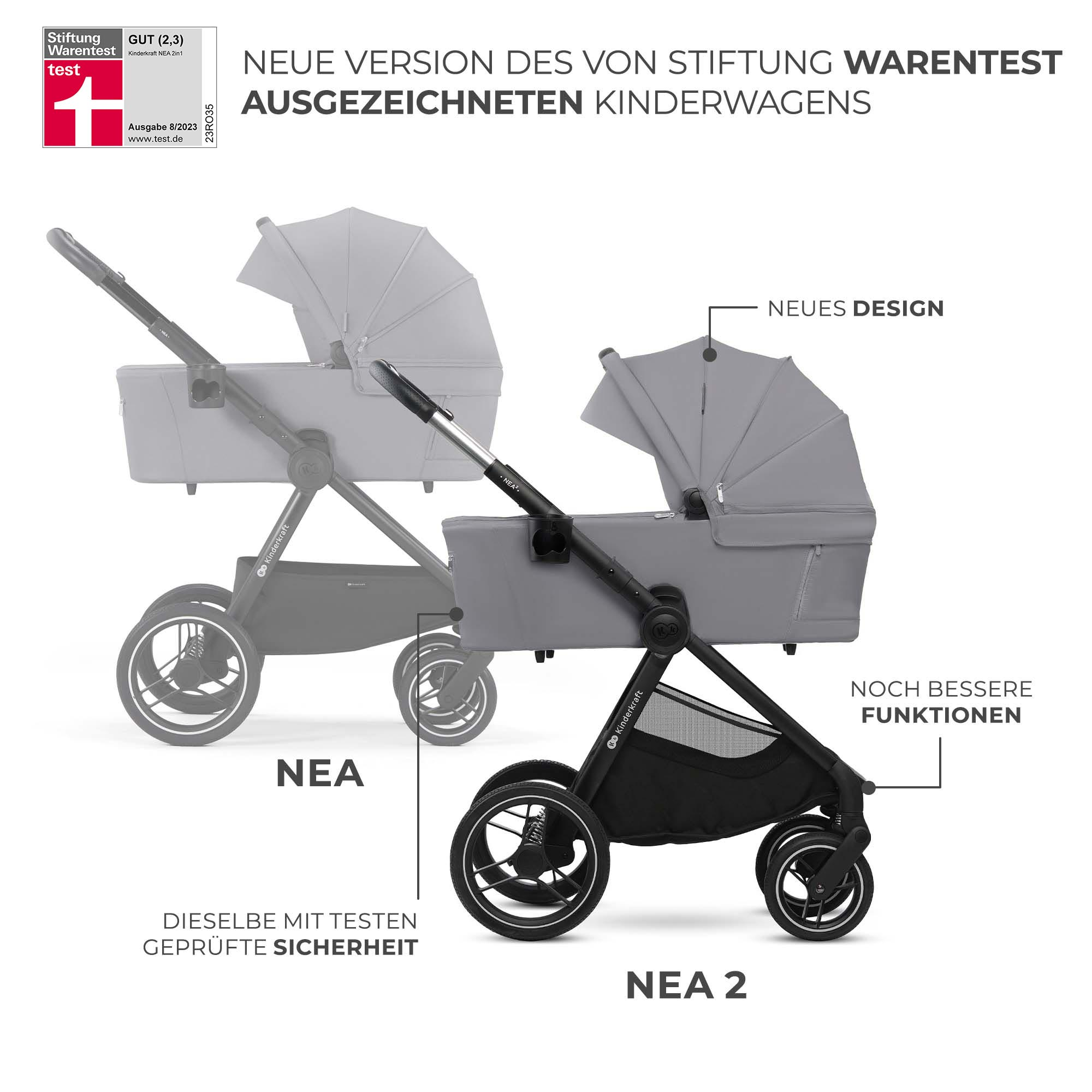 Zwei graue Kinderwagen, einer vorne, einer dahinter. Fokus auf das neue Design und Funktionen.
