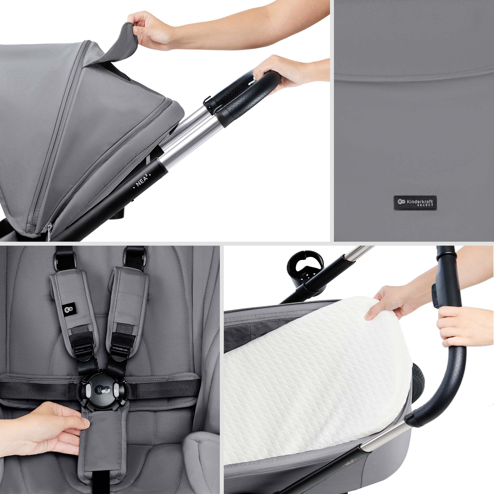 Grauer Kinderwagen mit Details: Verdeck, Gurtzeug, Griff und Einsatz.
