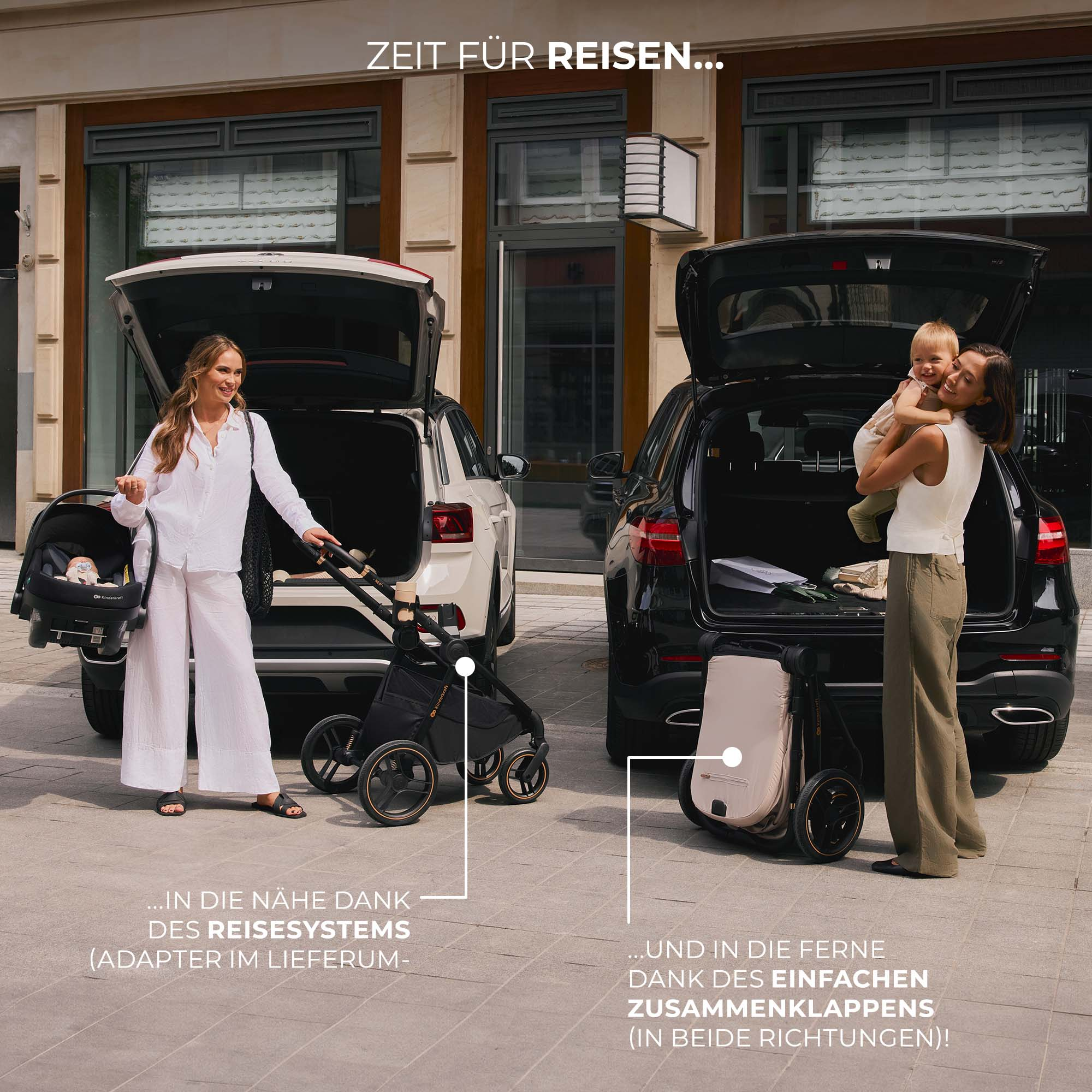 Zwei Autos mit geöffneten Kofferräumen, Frauen mit Kinderwagen und Babys.