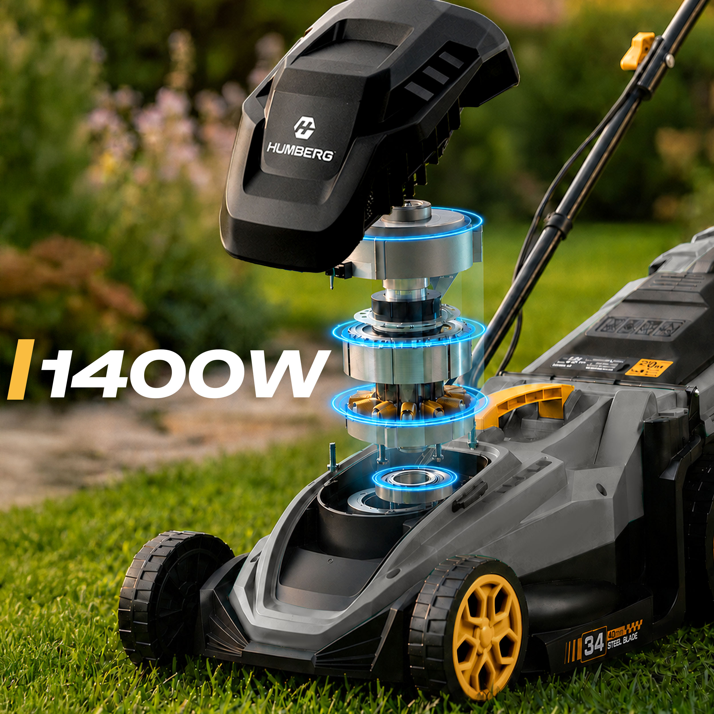 Kosiarka 1400W na zielonej trawie.