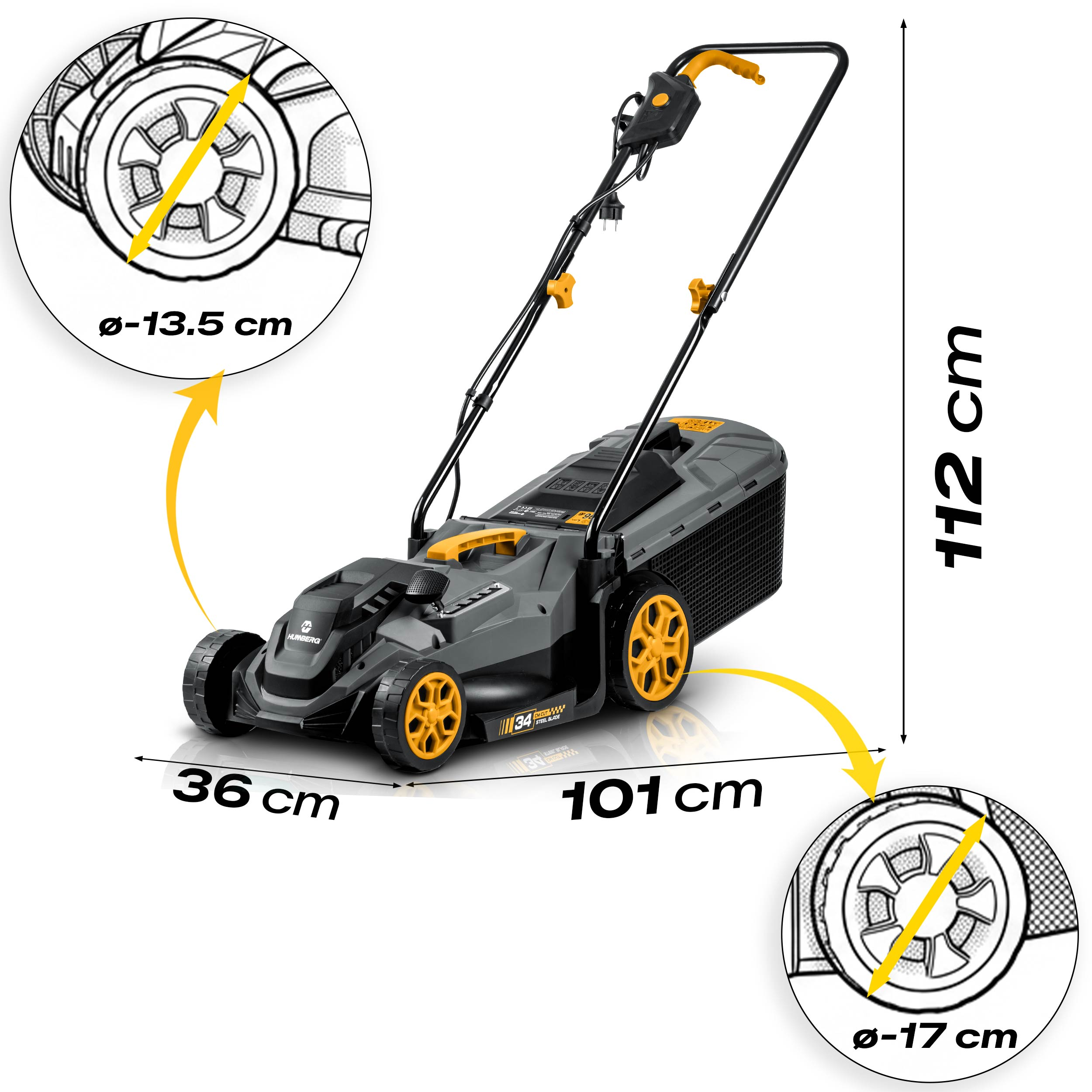 Szara i żółta kosiarka elektryczna, wysokość 112 cm, długość 101 cm, szerokość 36 cm.