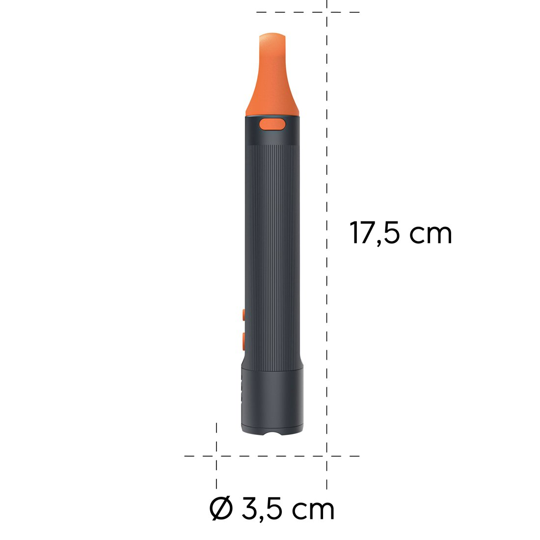 Un objeto cilíndrico oscuro con punta y controles naranjas. Dimensiones: 17,5 cm alto, 3,5 cm diámetro.