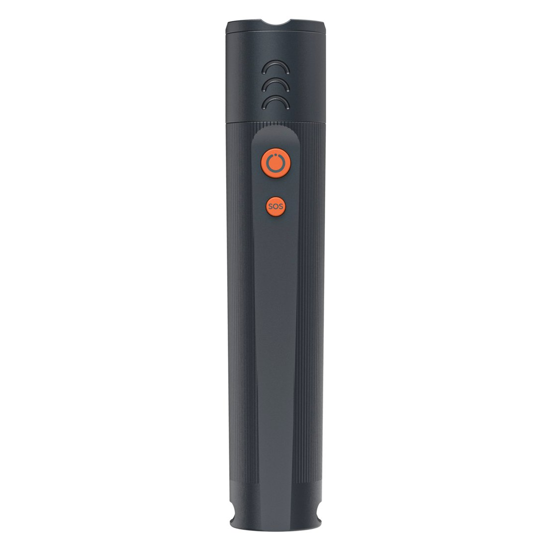 Herramienta gris oscuro con tres botones naranjas y textura acanalada.