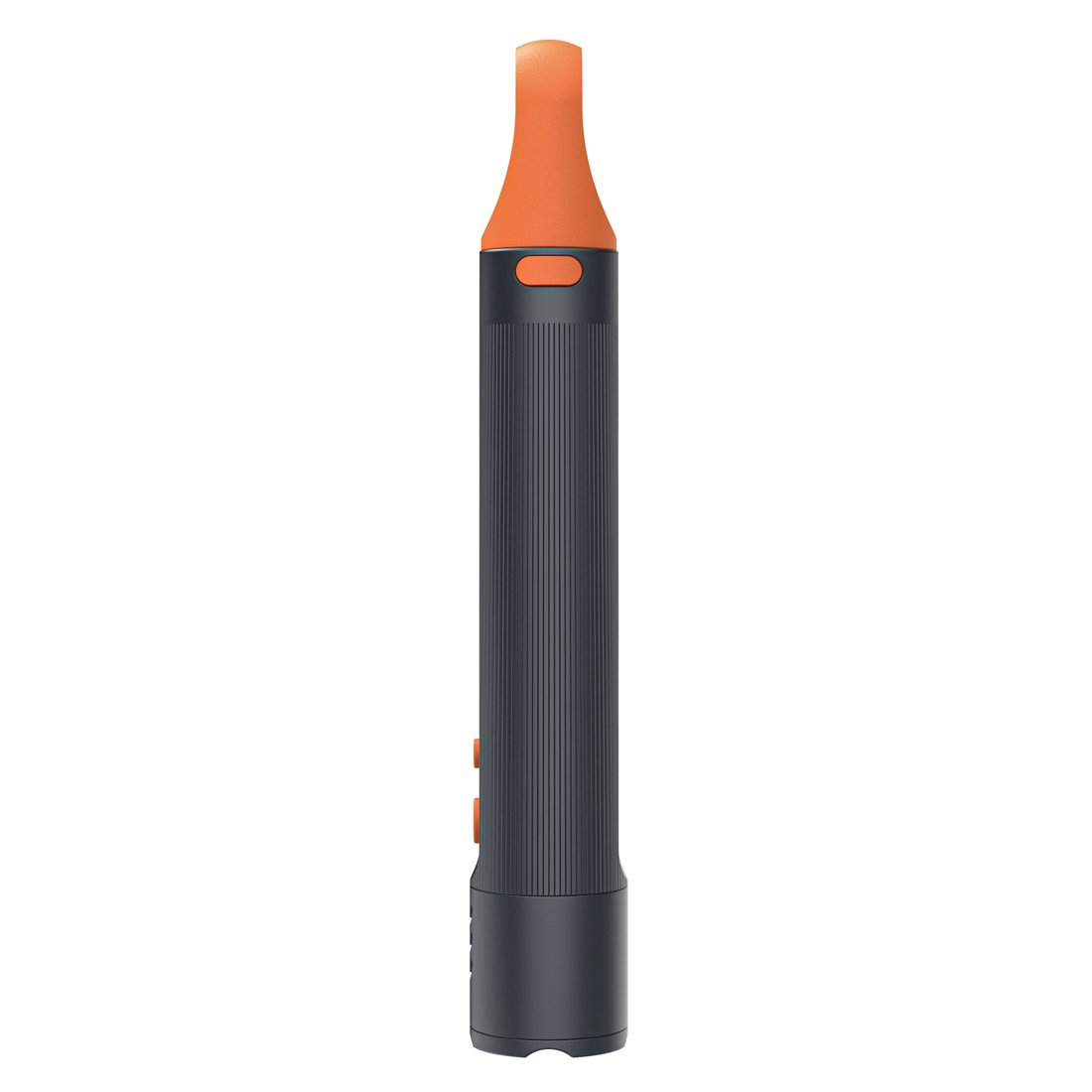 Un bolígrafo oscuro y acanalado con una boquilla naranja y controles.