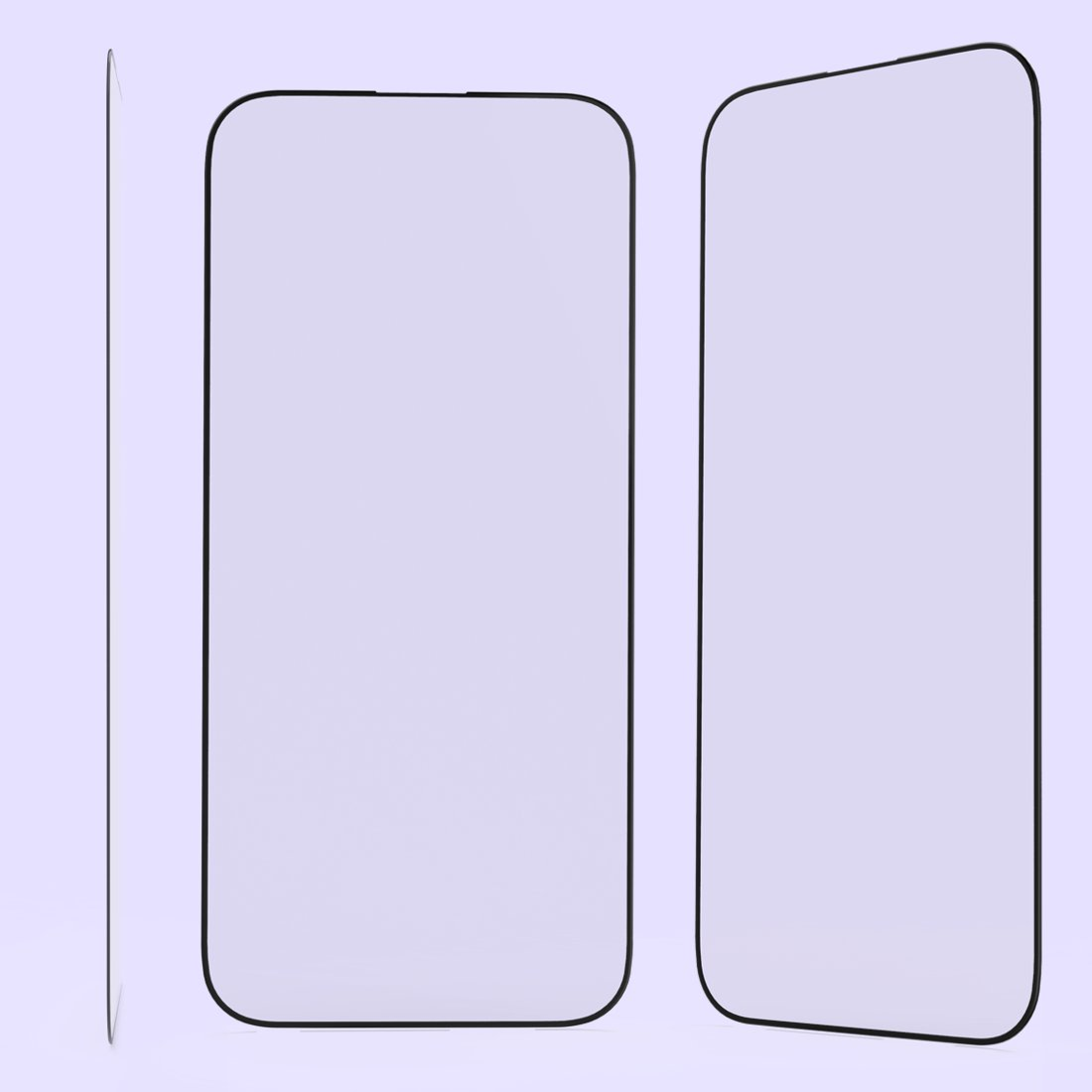 Tre viste di uno schermo smartphone trasparente con bordo nero.