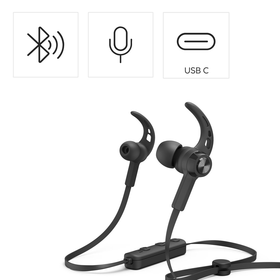 Czarne słuchawki z ikonami Bluetooth, mikrofonu i USB-C.