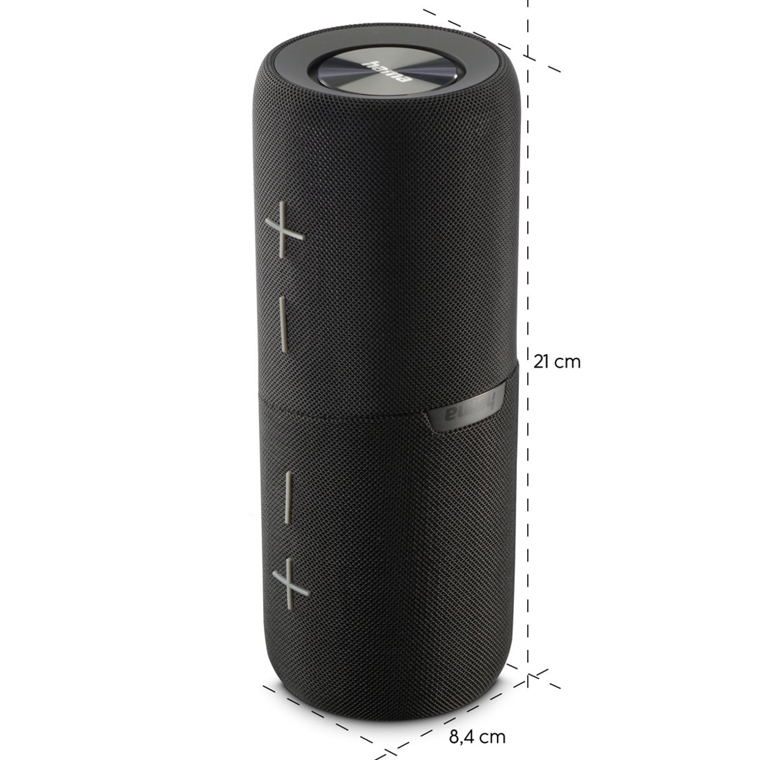 Czarny głośnik Bluetooth, wysokość 21 cm, szerokość 8,4 cm, z przyciskami.