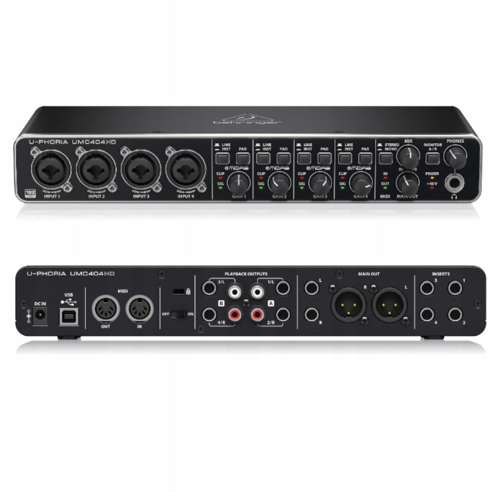 Interfejs audio Behringer U-PHORIA UMC404HD: Widoki przodu i tyłu z połączeniami.