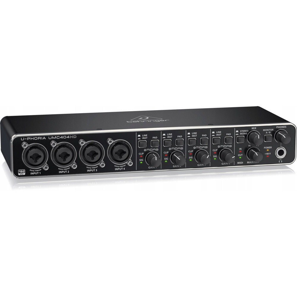 Czarny interfejs audio z 4 wejściami, gałkami i złączami.