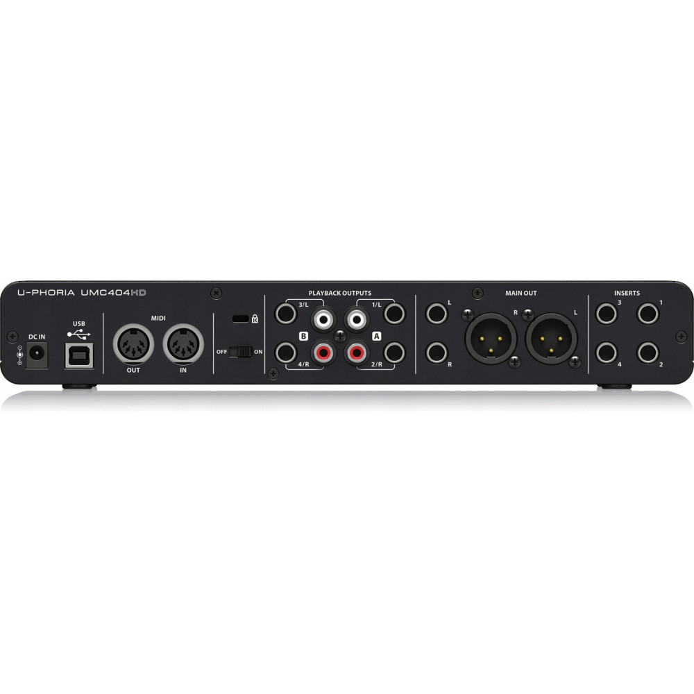 Tył czarnego interfejsu audio ze złączami DC, USB, MIDI, RCA i XLR.