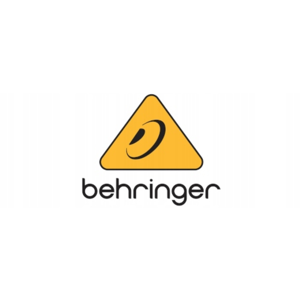 Żółty trójkąt z czarnym logo i napisem 'behringer'.