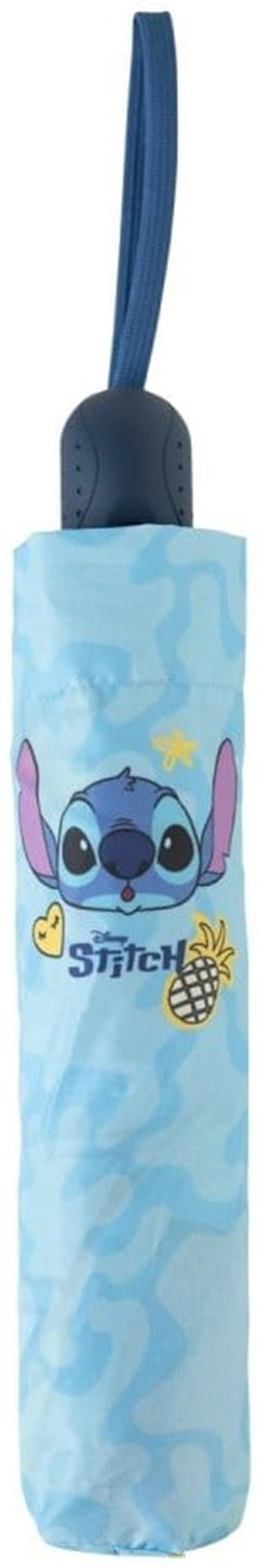 Un paraguas azul plegado con estampado de Stitch y piña.
