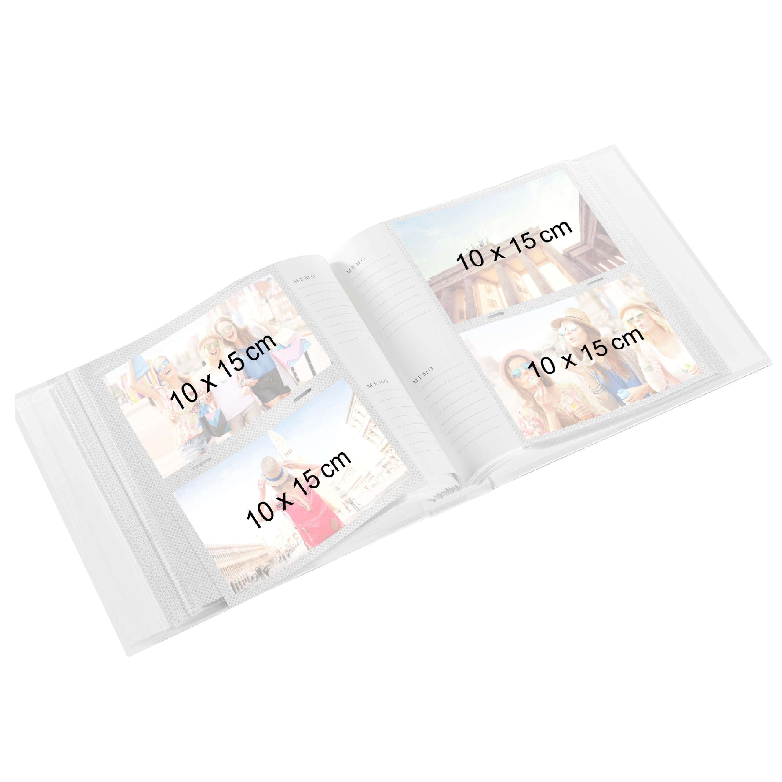 Otwarty album na zdjęcia z czterema zdjęciami 10x15 cm i miejscem na notatki.