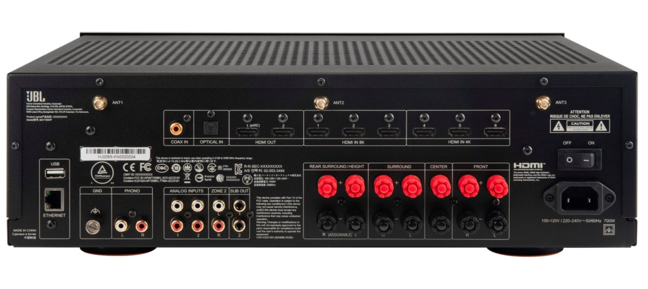 Tył czarnego amplitunera AV z portami HDMI, USB, Ethernet, Phono i gniazdami antenowymi.