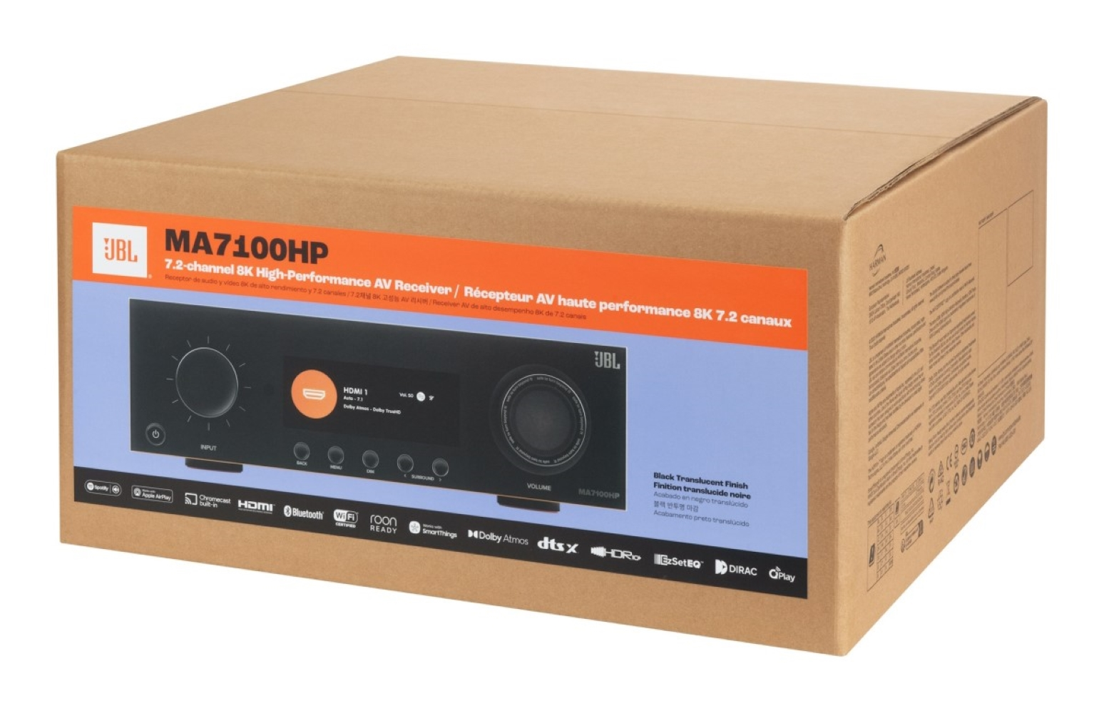 Pudełko odbiornika AV JBL MA7100HP 8K z panelem przednim i logo.