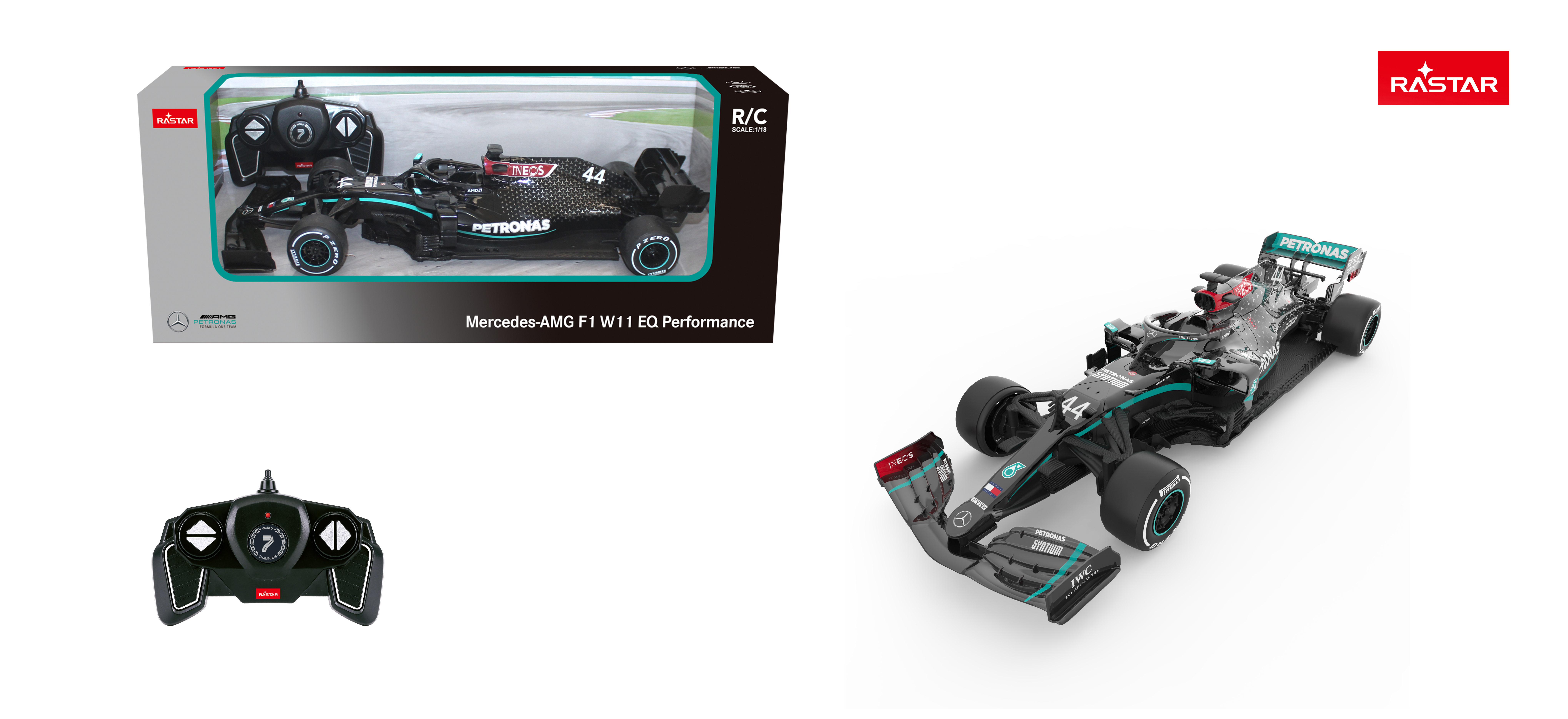 Czarny i turkusowy samochód wyścigowy Mercedes-AMG F1 W11 EQ Performance na pilota.