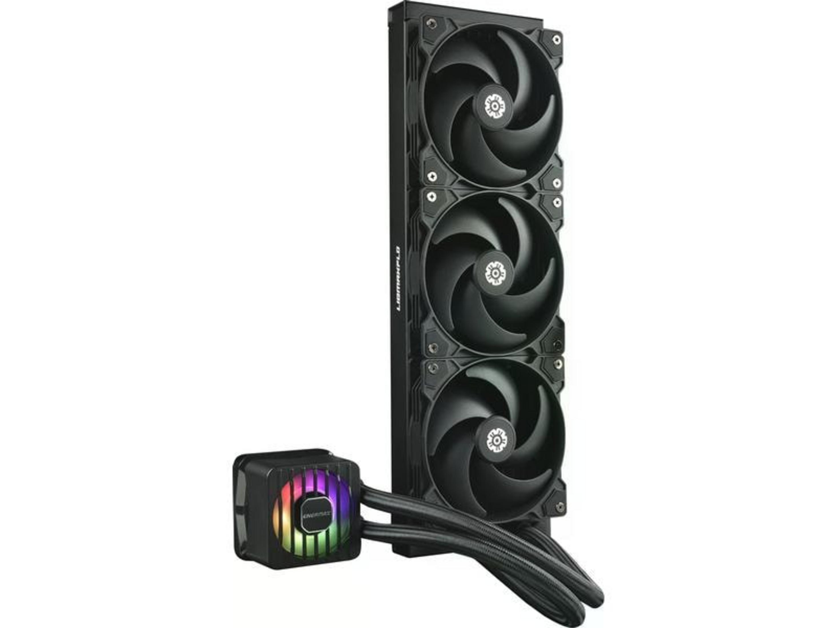Raffreddatore CPU nero per computer con tre ventole e pompa RGB.