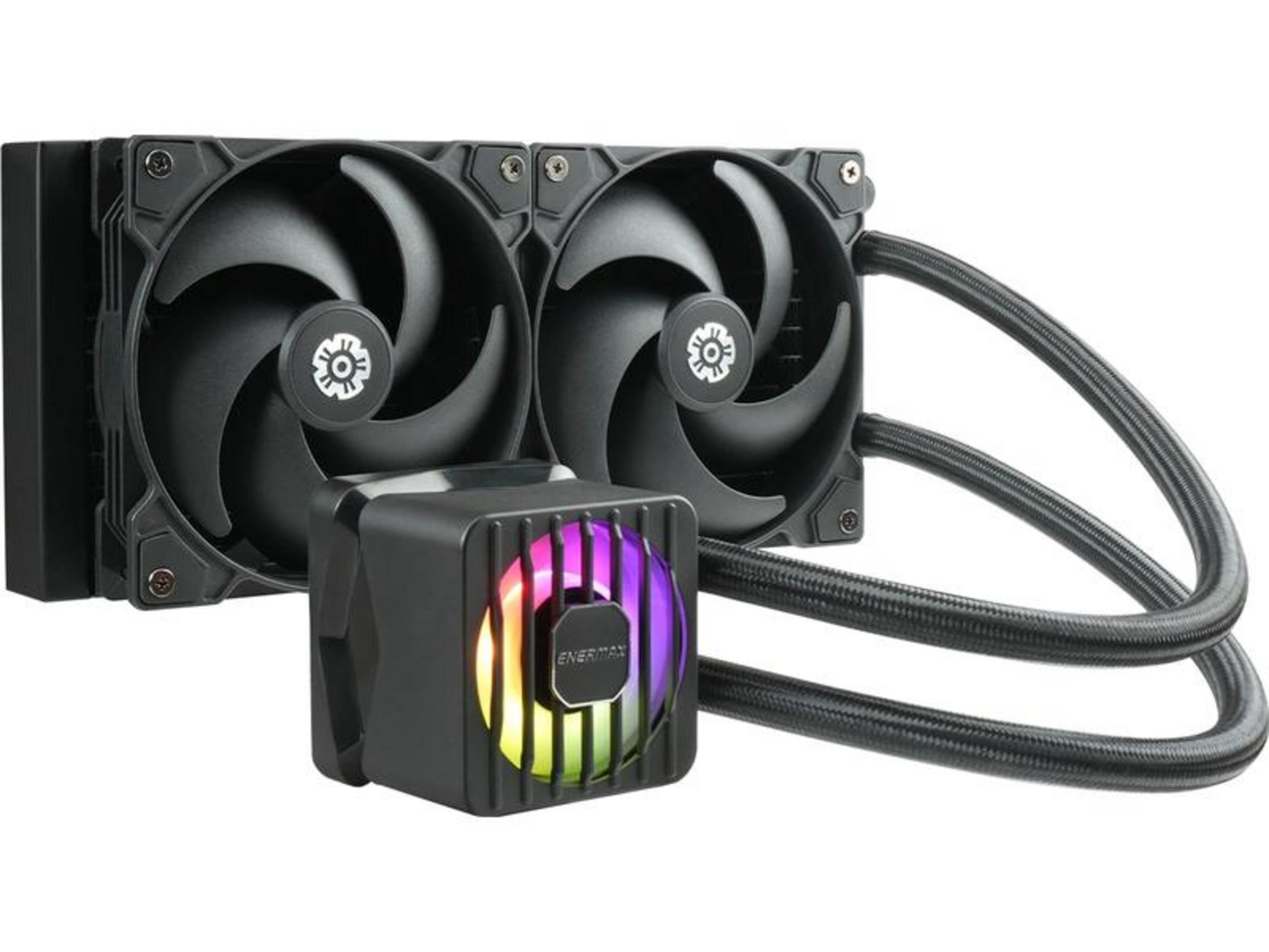 Raffreddatore CPU nero con due ventole e alloggiamento pompa illuminato RGB.
