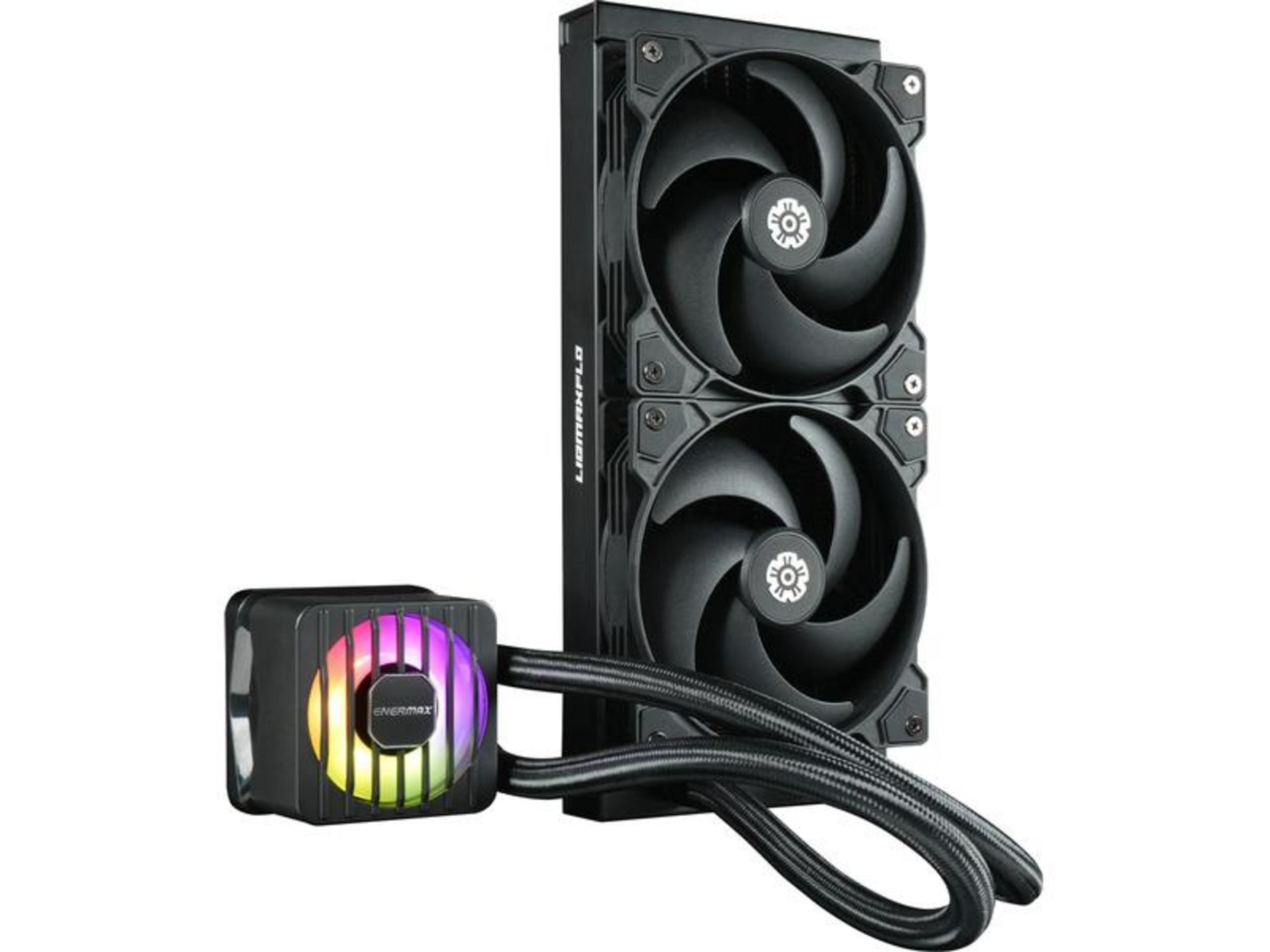 Raffreddatore CPU per computer nero con due ventole e unità pompa illuminata separata.