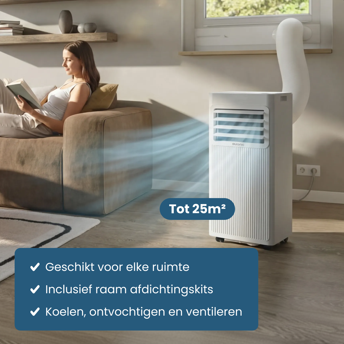 A woman reads on a couch as an air conditioner emits blue airflow.