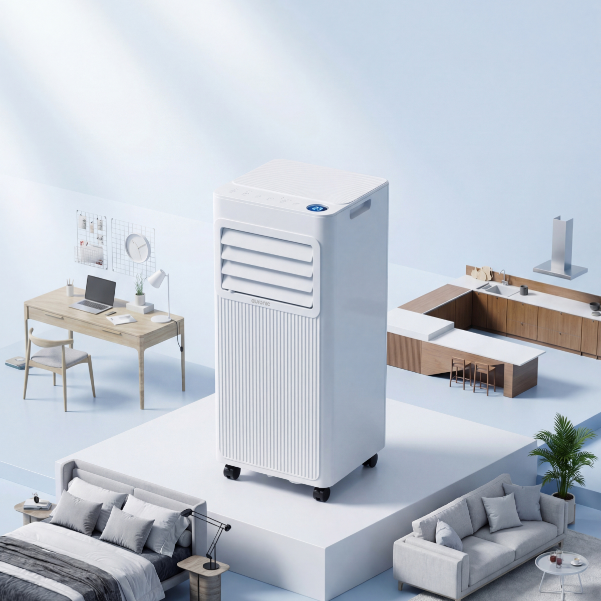 A white air cooler stands centrally, surrounded by bedroom, office, and kitchen vignettes.