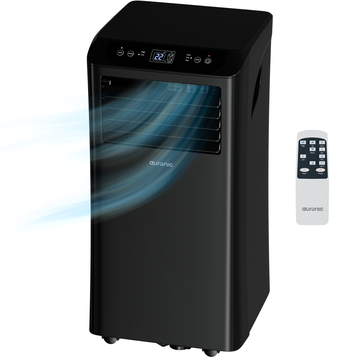 Black portable air conditioner tower with remote control and blue airflow.