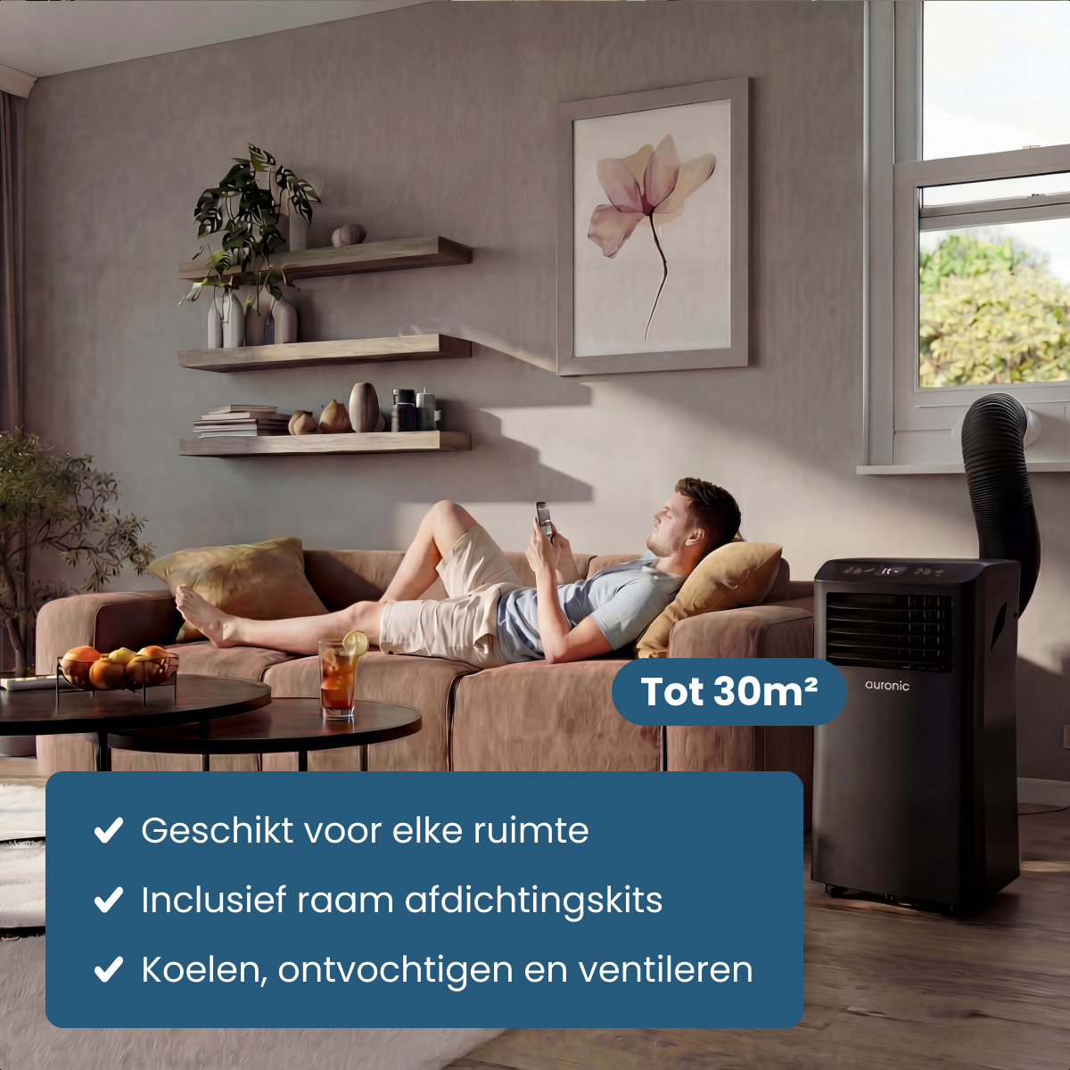 Man relaxing on sofa with phone. Air conditioner near window. Text about cooling.