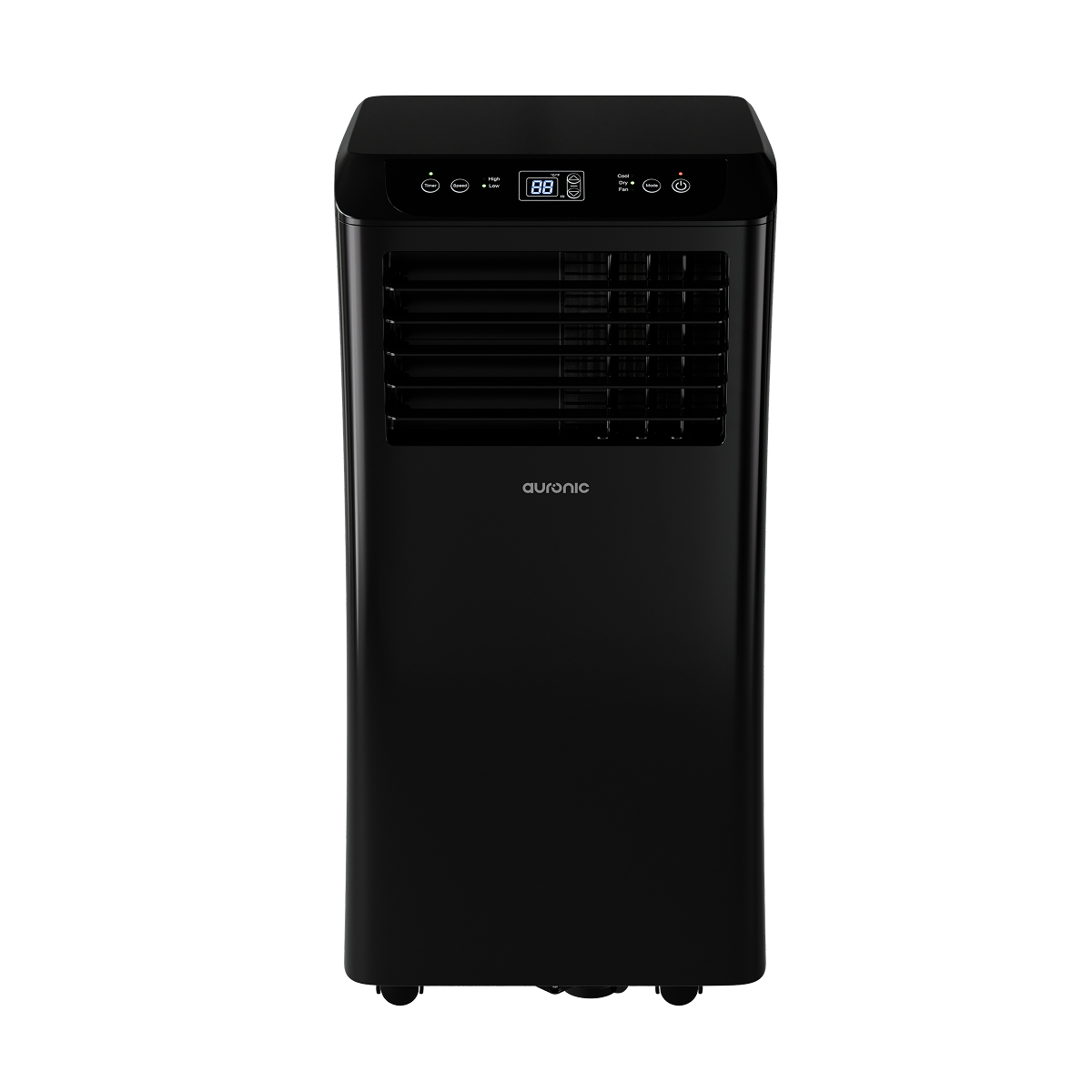 A sleek, black portable air conditioner tower with controls and a digital display at the top.