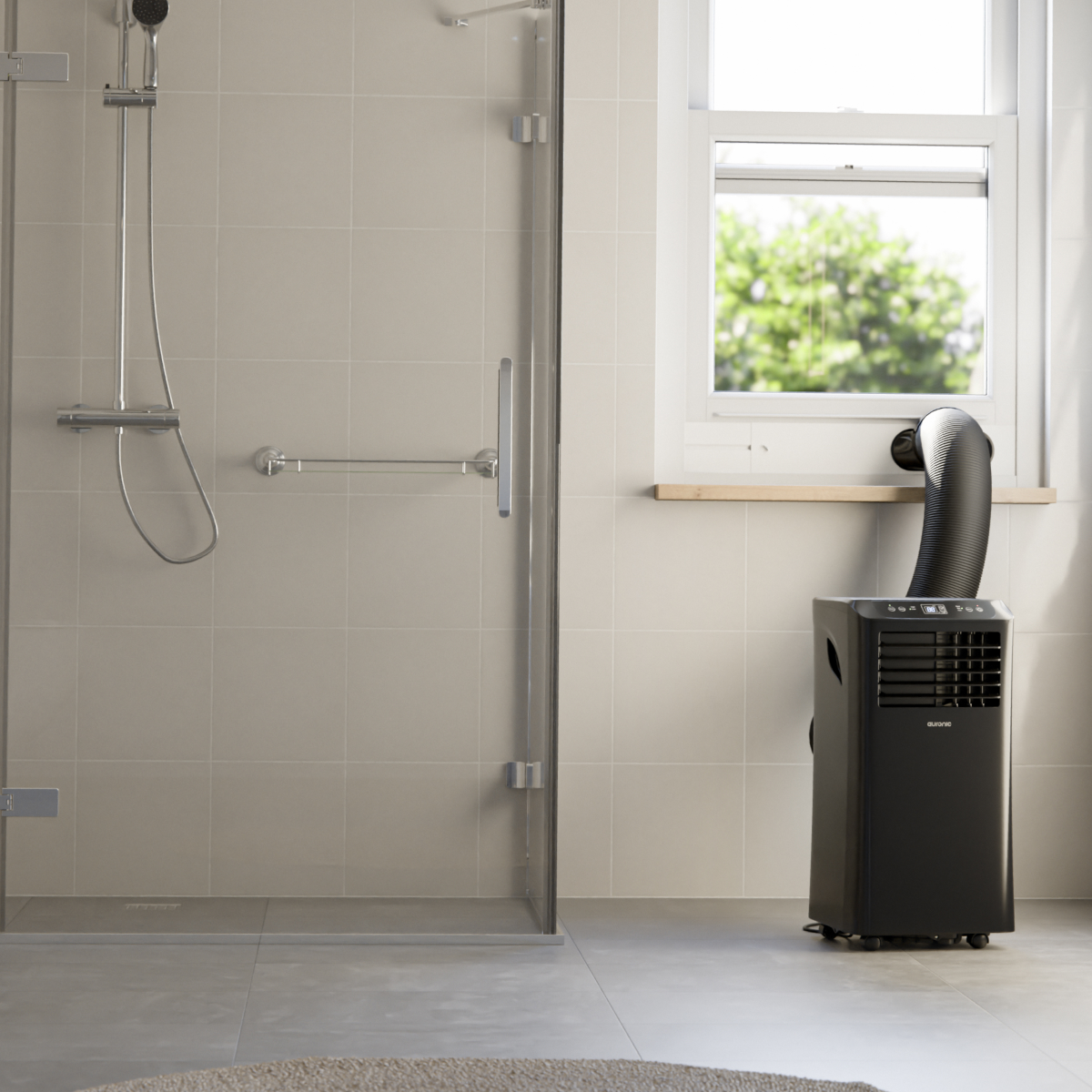A portable air conditioner sits by a window in a bathroom with a shower.