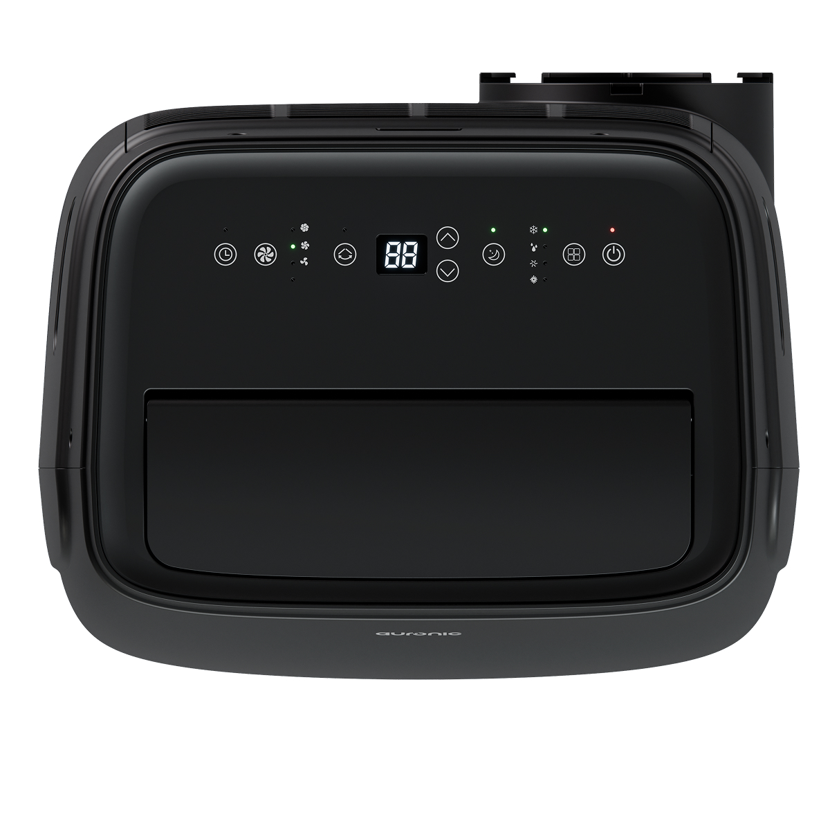Black portable air conditioner unit with digital display and control buttons.