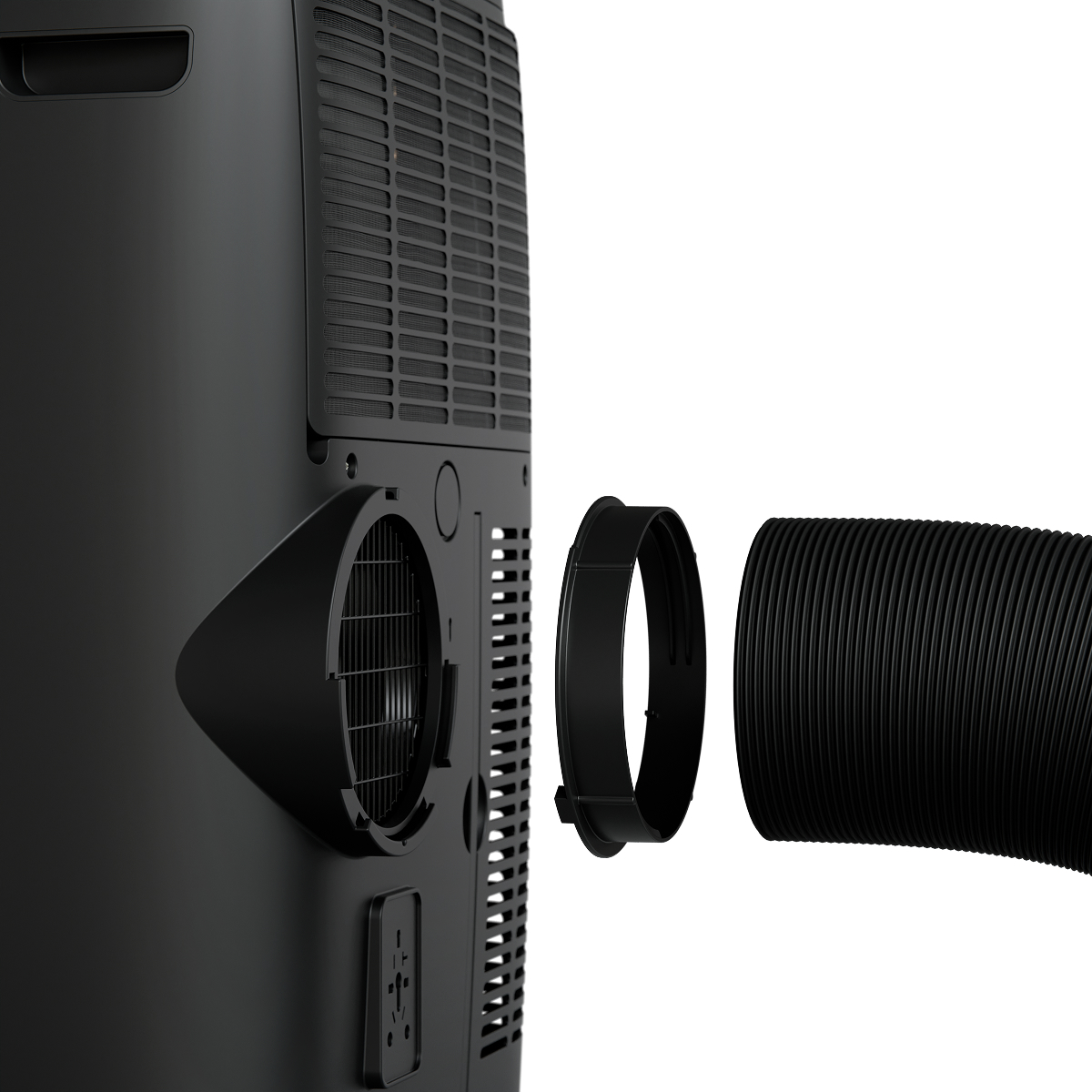 Black air conditioner exhaust hose and adapter, detached from the unit.