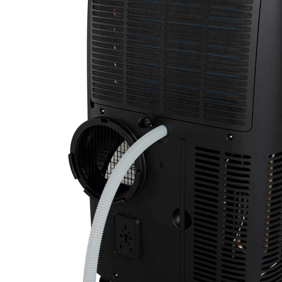 Back of a black air conditioner with a white hose exiting a round vent.