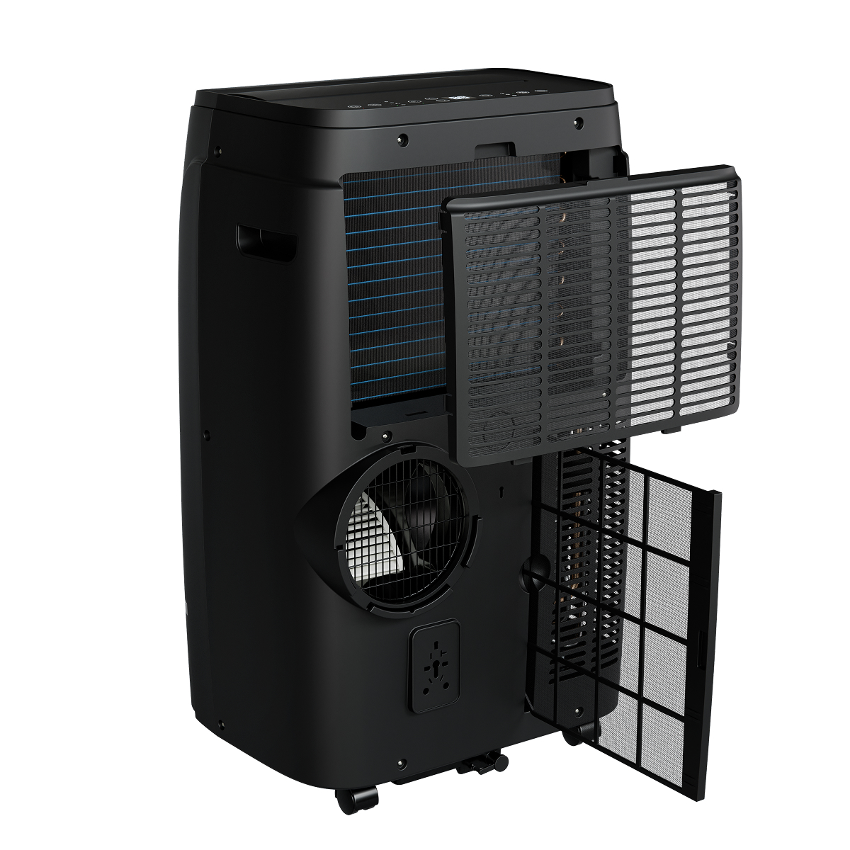 Black portable air conditioner cooler with filters removed, showing internal fan.