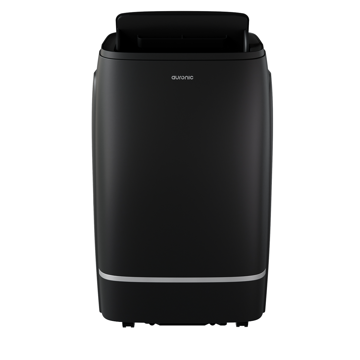 A black portable air conditioner with a silver band near the bottom.