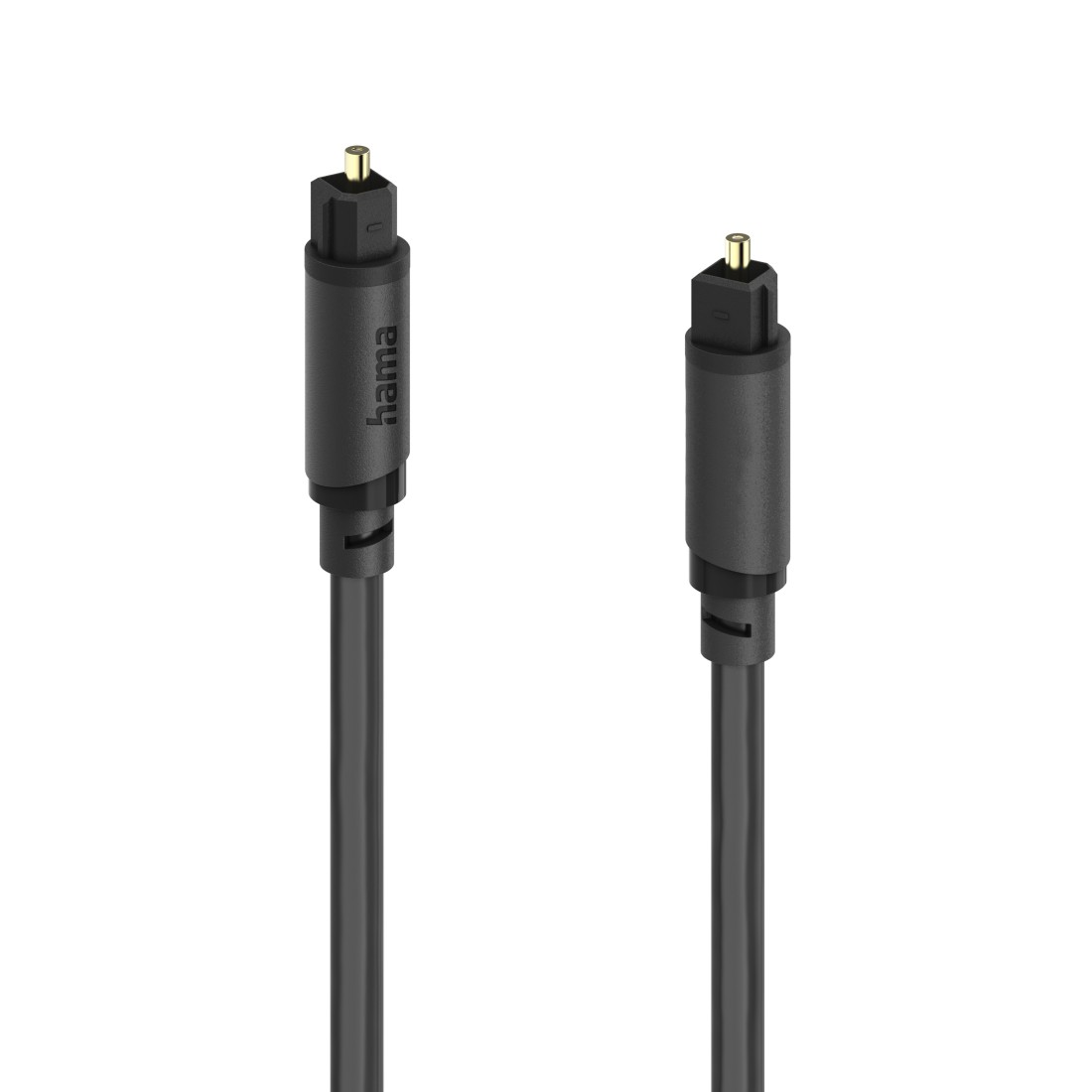 Dwa czarne kable audio optyczne ze złotymi złączami na białym tle.