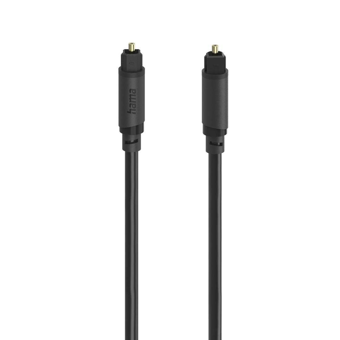 Dwa czarne kable audio optyczne ze złotymi złączami obok siebie.